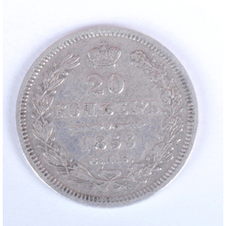 Silver 20 kopeck coin in 1853