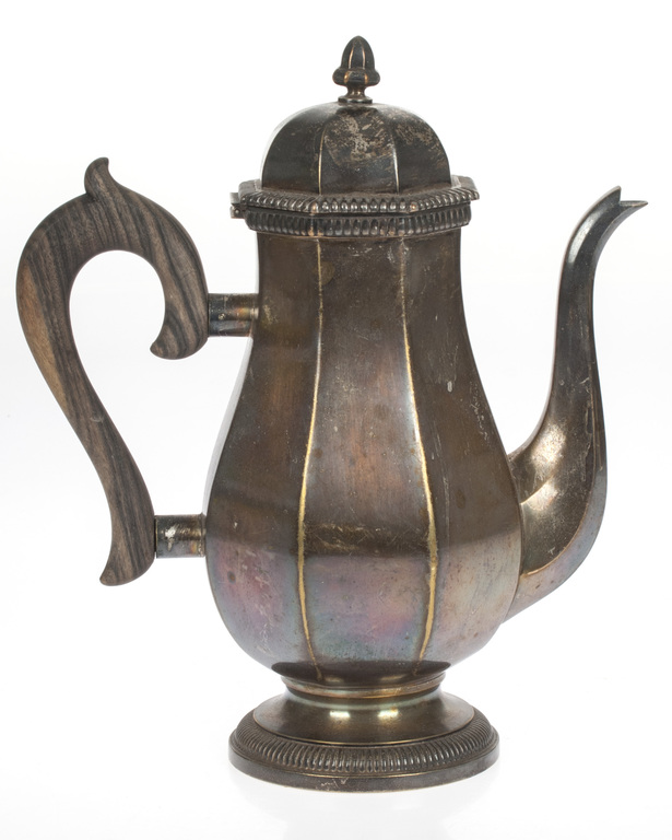 Silver-plated metal coffee pot with wooden handle