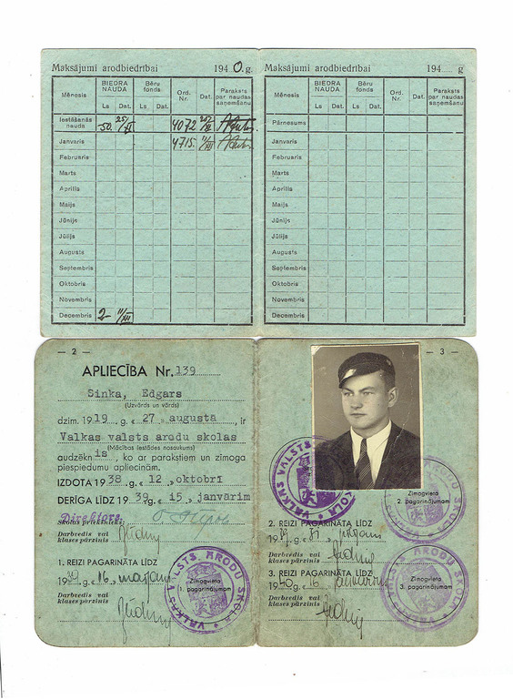 Valmieras workers' trade union membership card un Valka national a trade school certificate