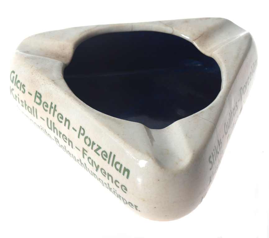 Porcelain ashtray with text ”J.Jaksch & Ko, In the Town Hall Square. In Riga”
