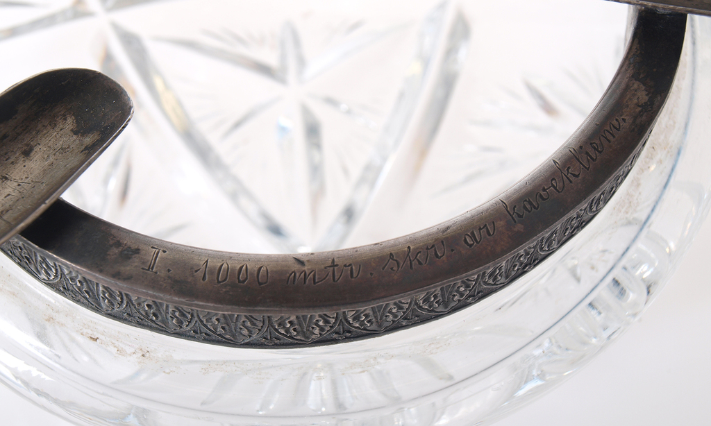 Crystal ashtray with silver finish, with engrave “Liepajas sport week first place in 1000 meters running with obstacles”