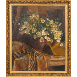 Still life with daisies and cornflower