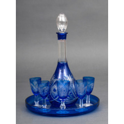 Colorful glass set – decanter with 5 cups and plate