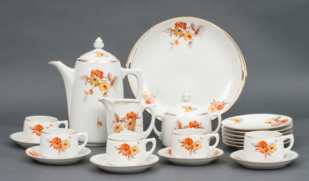 Porcelain tea - coffee set for 5 persons - teapot, cream pot, sugar-basin, 5 cups, a serving dish, two size of saucers