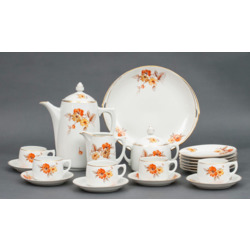 Porcelain tea - coffee set for 5 persons - teapot, cream pot, sugar-basin, 5 cups, a serving dish, two size of saucers