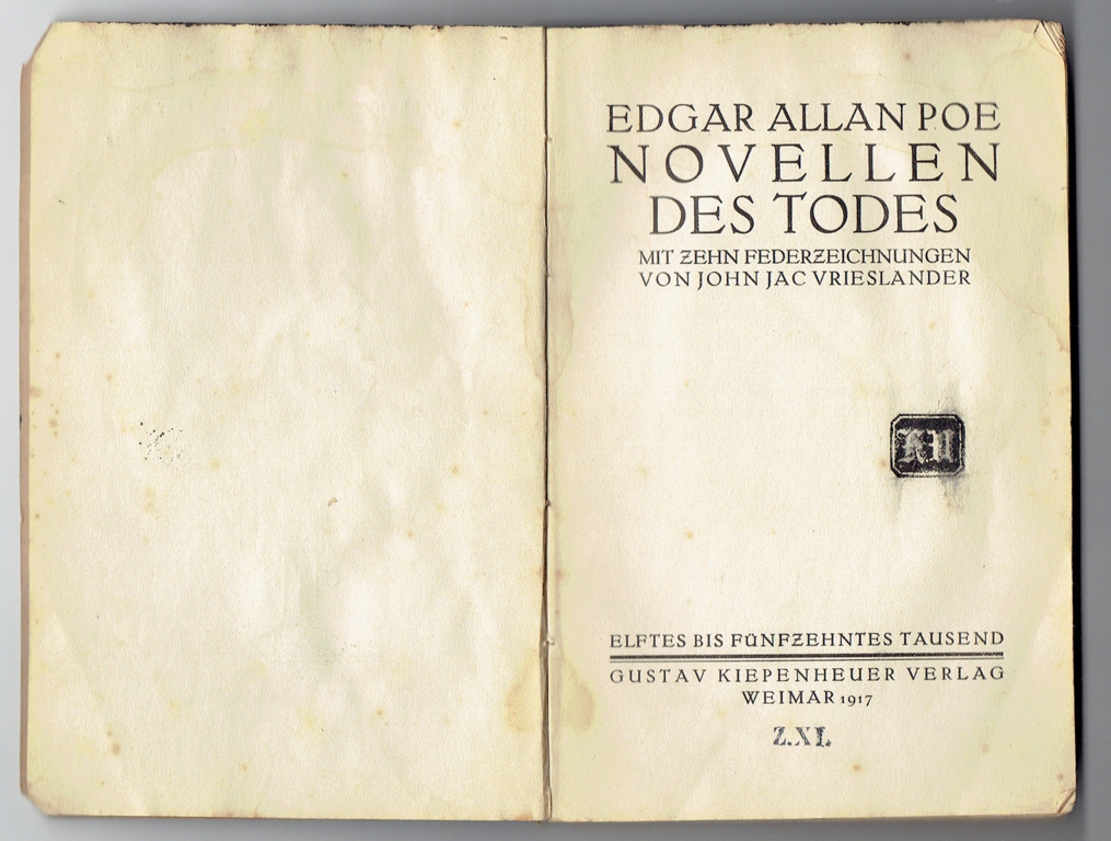 Grāmata, kas savulaik piederējusi K.Ubānam „Edgar Allan Poe Novellen Des Tode”