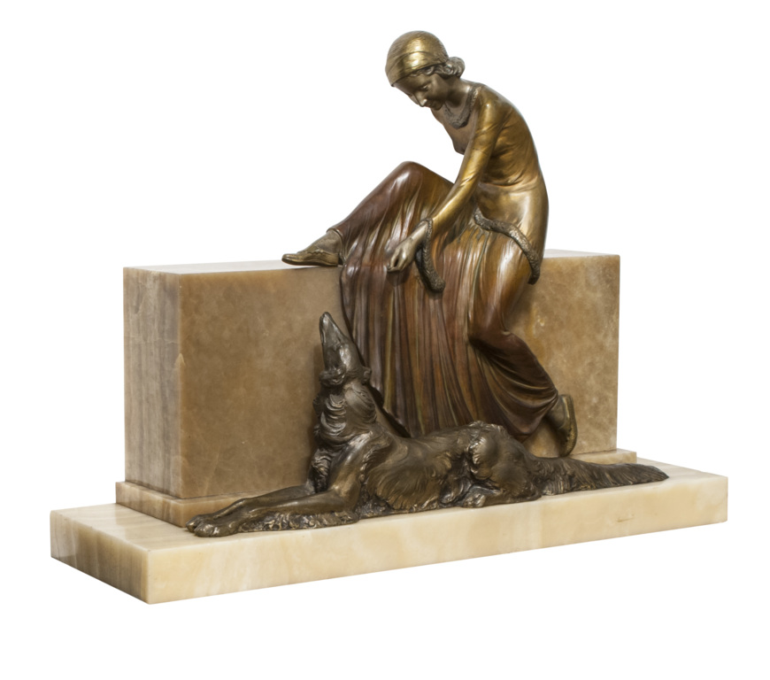 Art Deco bronze figure on a marble base 'Woman with a dog'