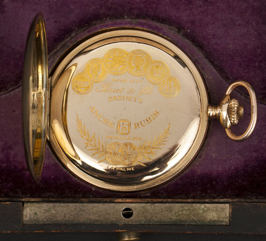 Zelta kabatas pulkstenis Perret & Fils Brenets oriģinālajā kastītē