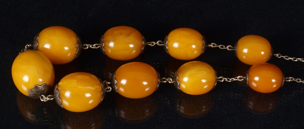 Antique 100% Natural Egg Yolk Butterscotch Baltic amber bead necklace with silver