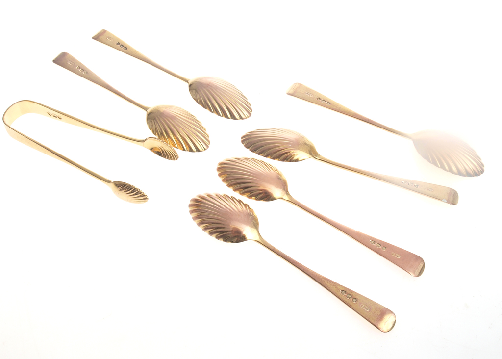 Guilded silver dessert cutlery set - 6 spoons, sugar tongs 