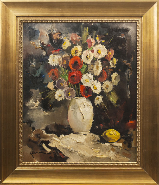 Still life with flowers and lemon