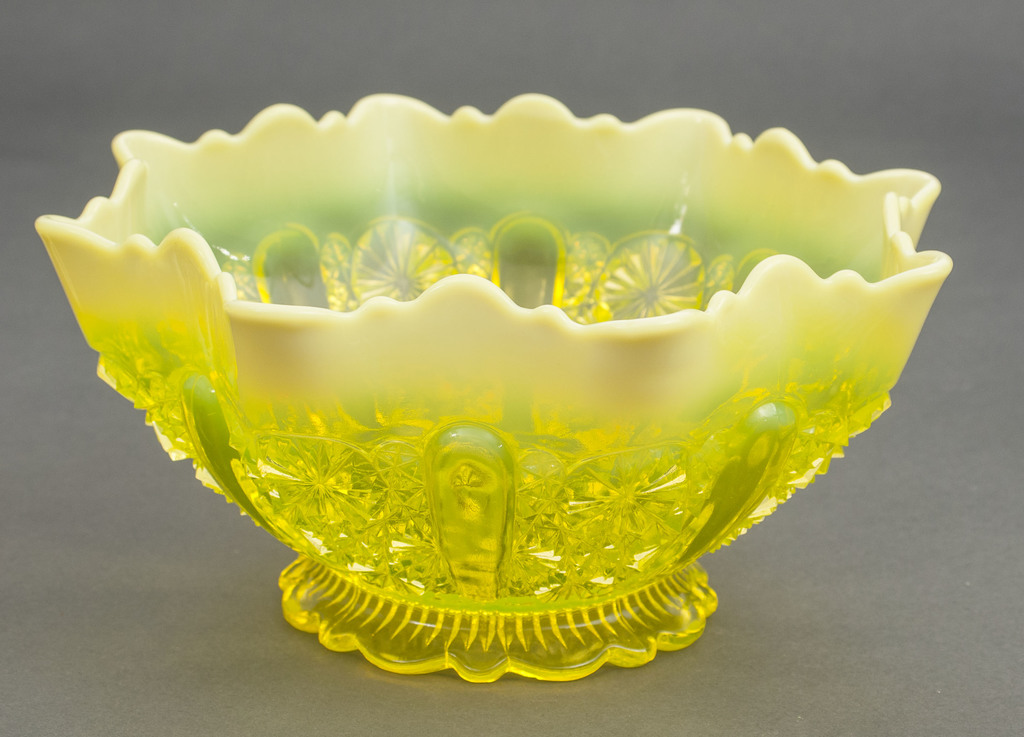 Uranium glass set - mug, bowl, little plate, utensil with lid, utensil, utensil for sweets
