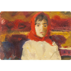 Woman in red shawl