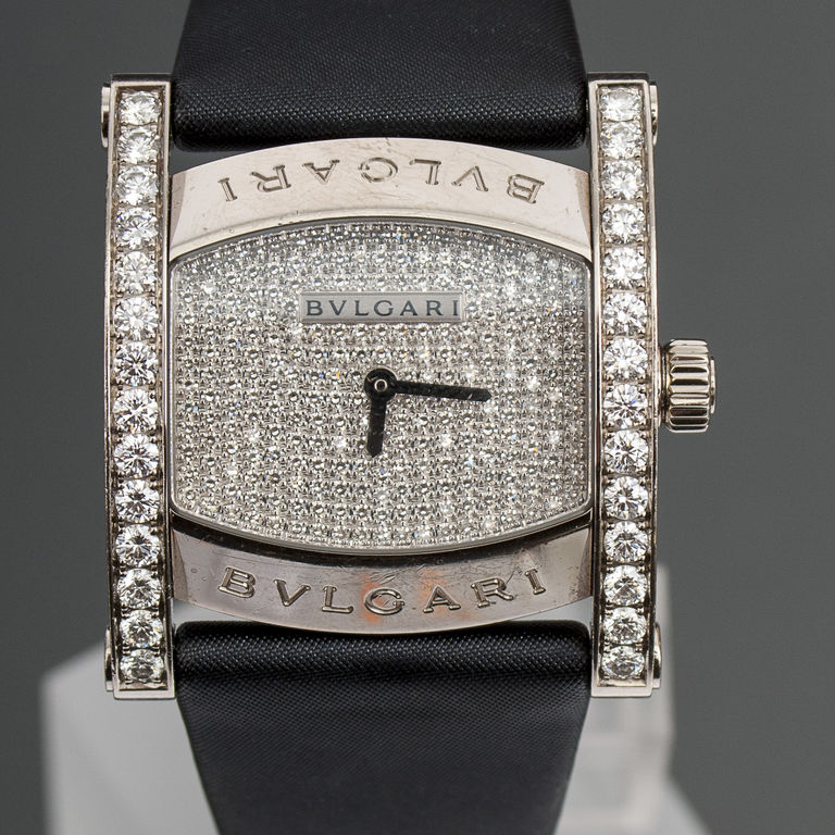 White gold watch with diamonds and leather strap 