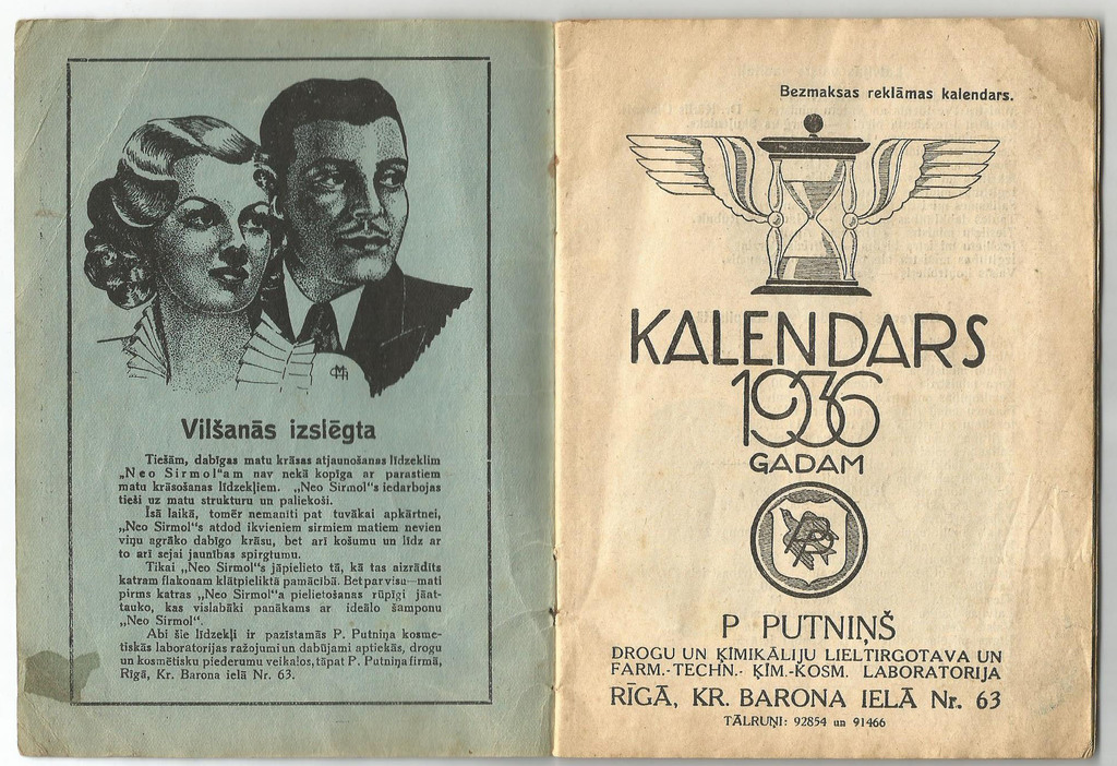 P.Putnina free advertising calendar for 1936