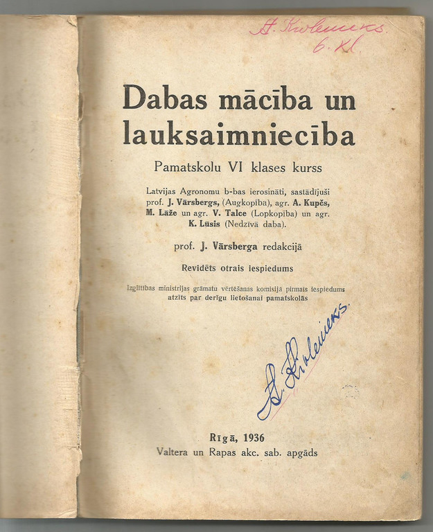Prof. J.Varsbergs, etc., Natural Sciences and Agriculture