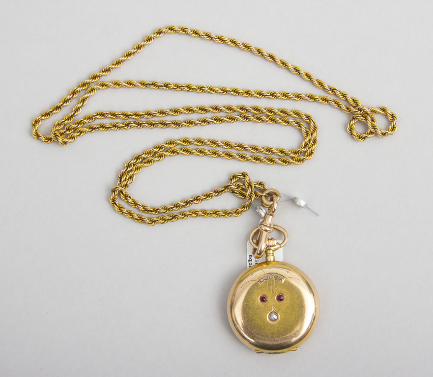 Zelta kabatas pulkstenis ar briljantiem un rubīniem, ir pulksteņa ķēde