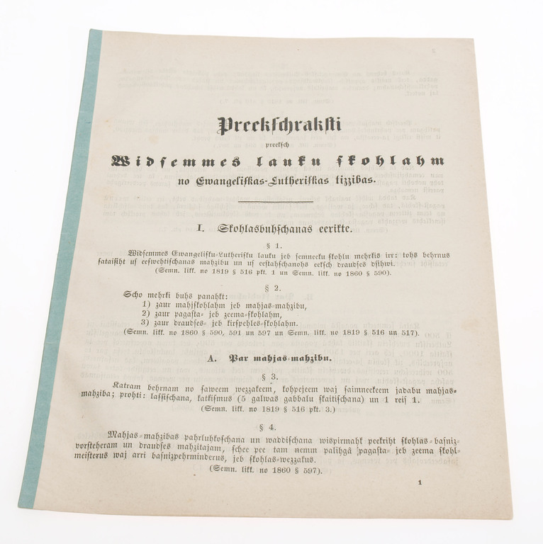 Prescriptions for Vidzeme Rural Schools from the Evangelical - Lutheran Faith(school rules)