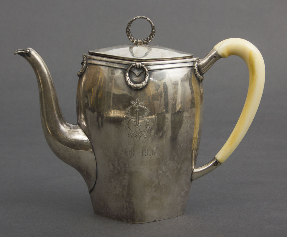 Silver coffee pot, cream bowl and sugar-basin