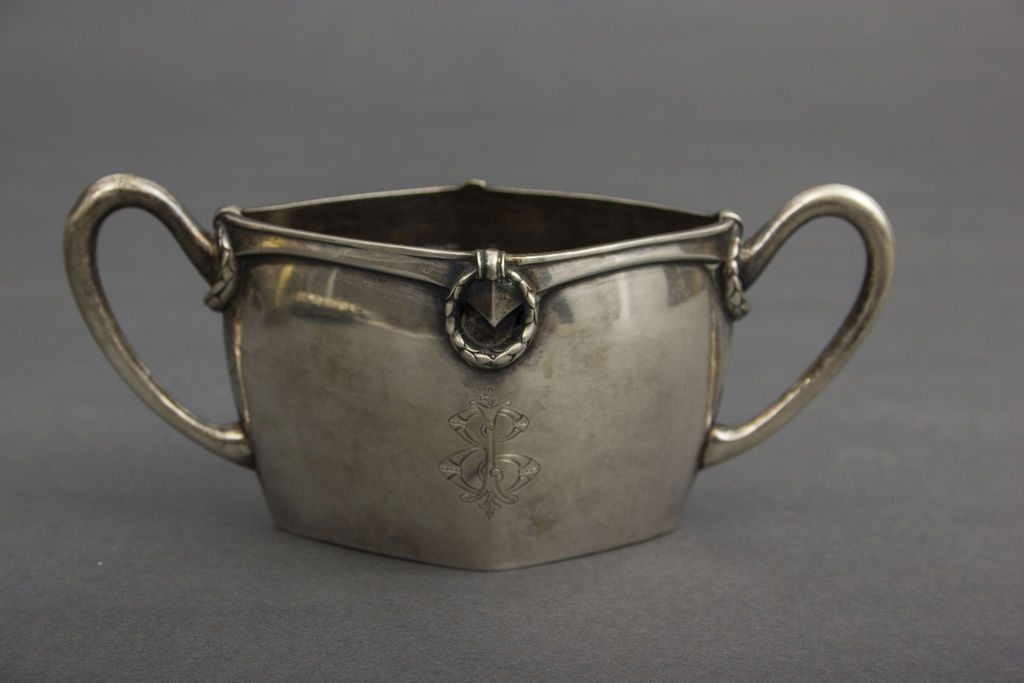 Silver coffee pot, cream bowl and sugar-basin