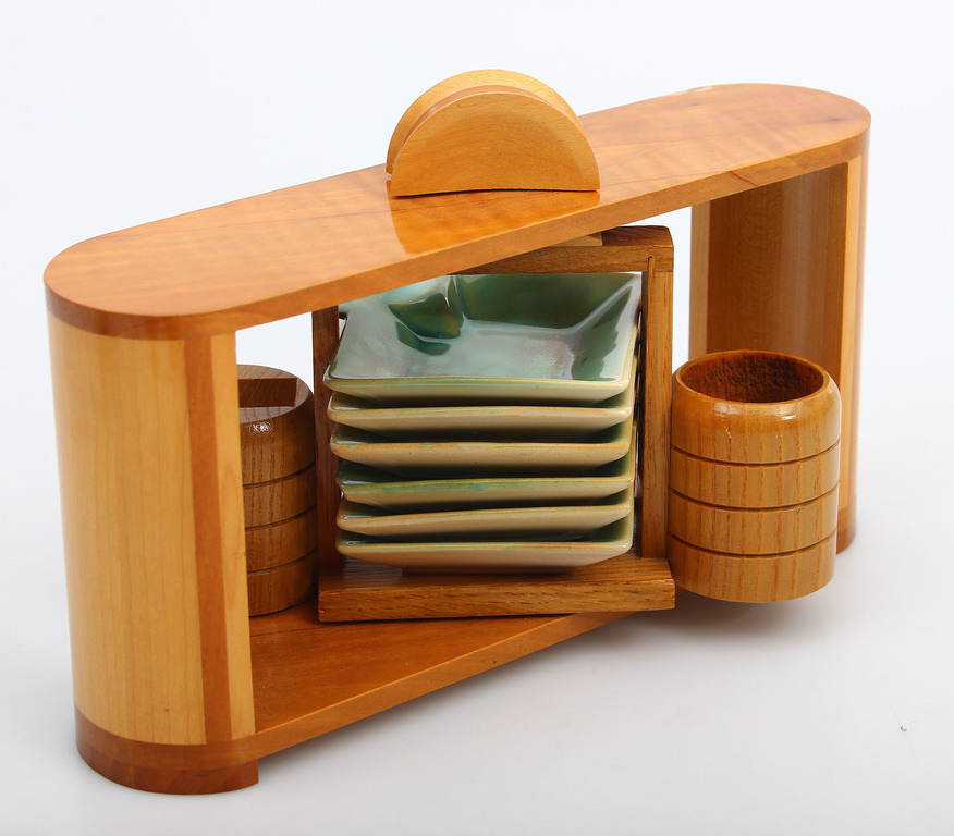 Wooden/porcelain set for smoking - 6 utensil's, stand