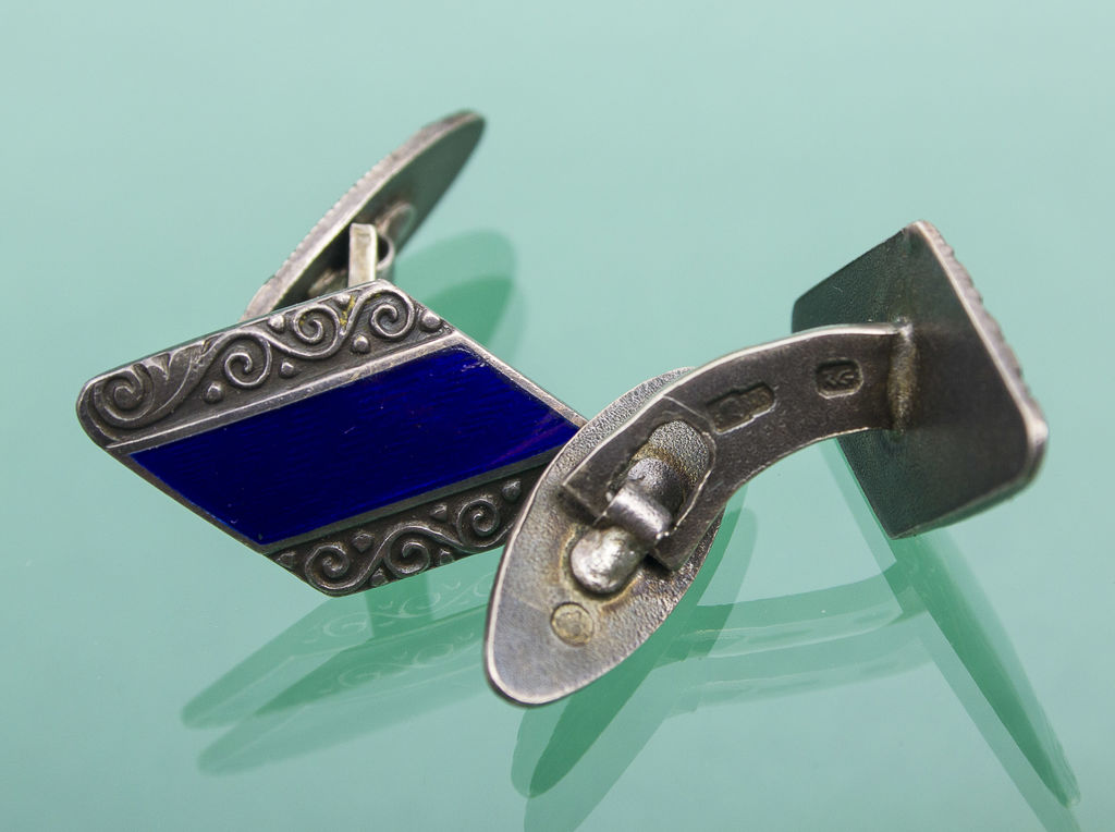 Silver cufflinks with blue enamel