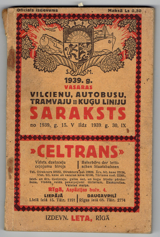 1939.g. Vasaras vilcienu, autobusu, tramvaju un kuģu līniju saraksts