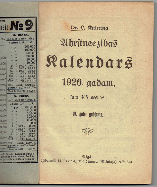 Calendar of L.Kalnins of 1926th