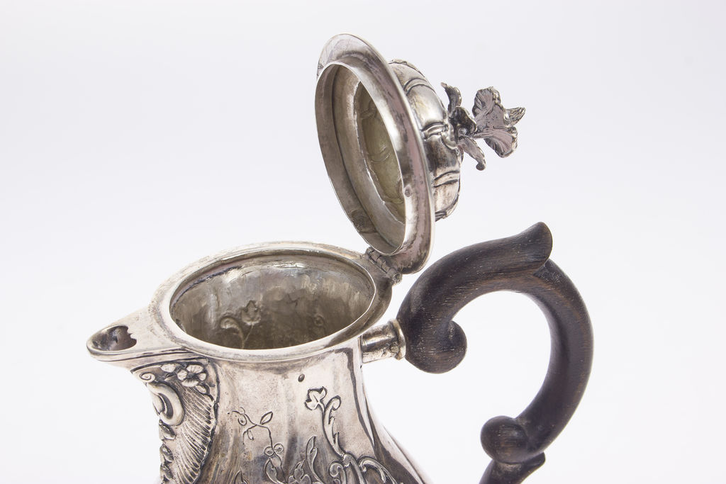 Silver set 4 items - tray, cream utensil, coffee/tea pot, milk container