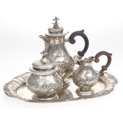 Silver set 4 items - tray, cream utensil, coffee/tea pot, milk container