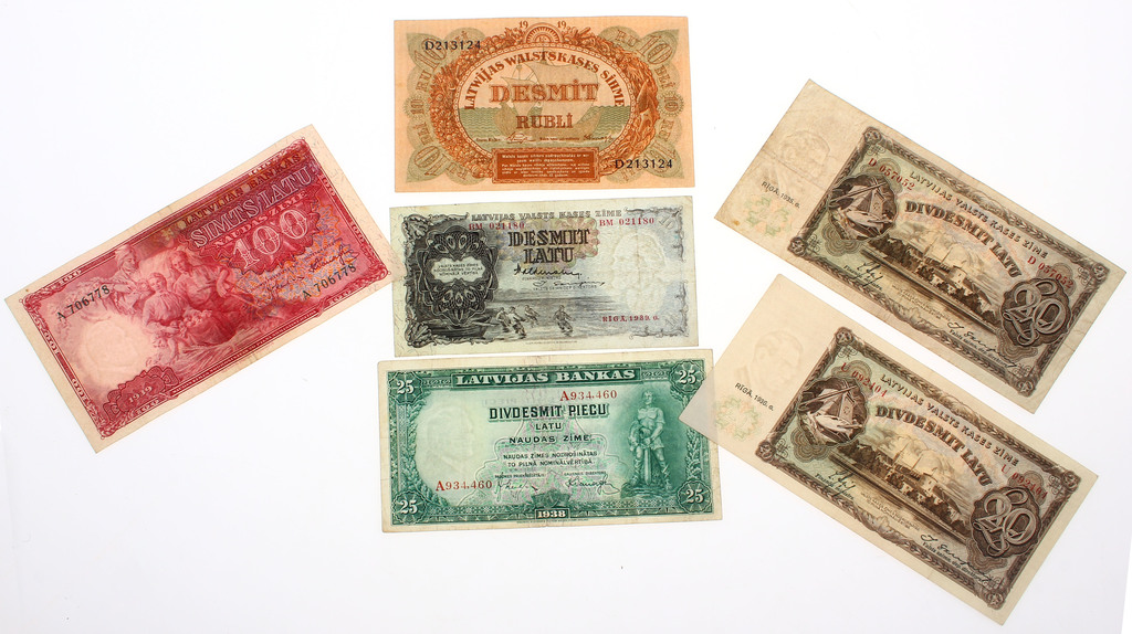 Первые латышские банкноты 6 шт.