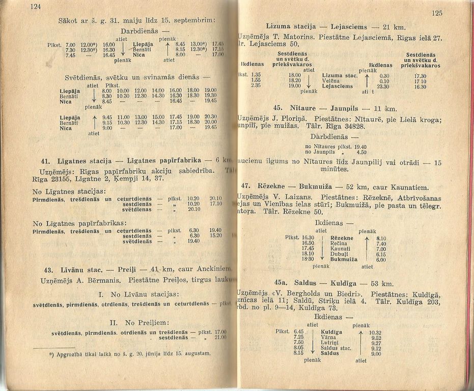 1936. g. Vilcienu, Autobusu, Tramvaju un Kuģu līniju saraksts