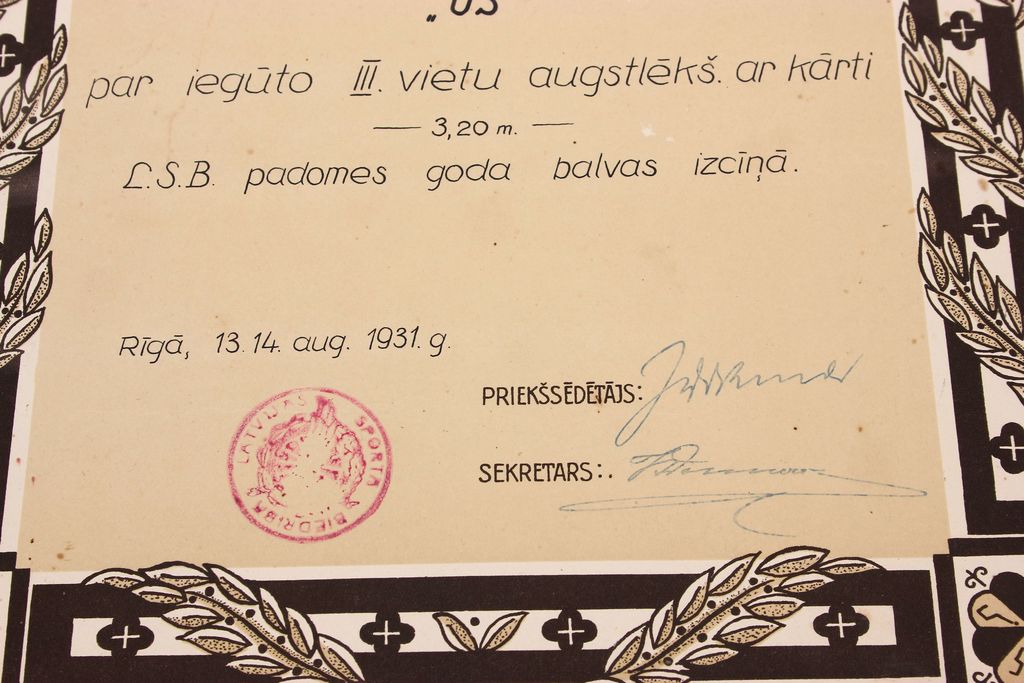 Diploma of the Latvian Sports Association E.Karslbergs for getting the III place