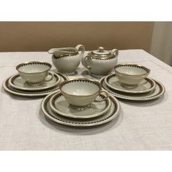 Porcelain set for 3 persons - sugar-basin, cream utensil, 3 cups with saucers