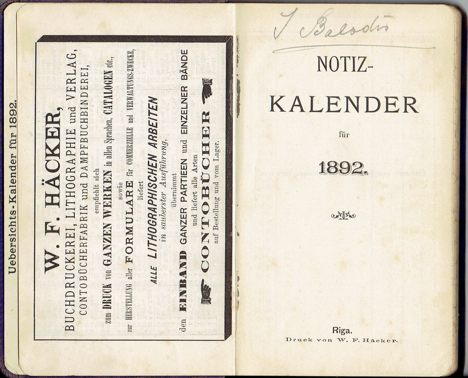Piezīmju kalendārs vācu valodā 1892. gadam