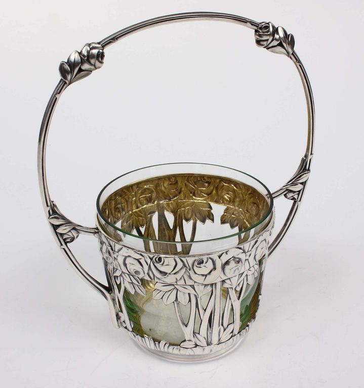 Art Nouveau silver candy dish with glass
