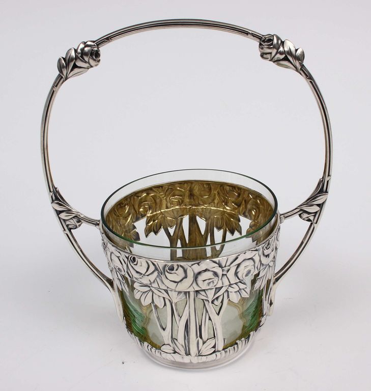 Art Nouveau silver candy dish with glass