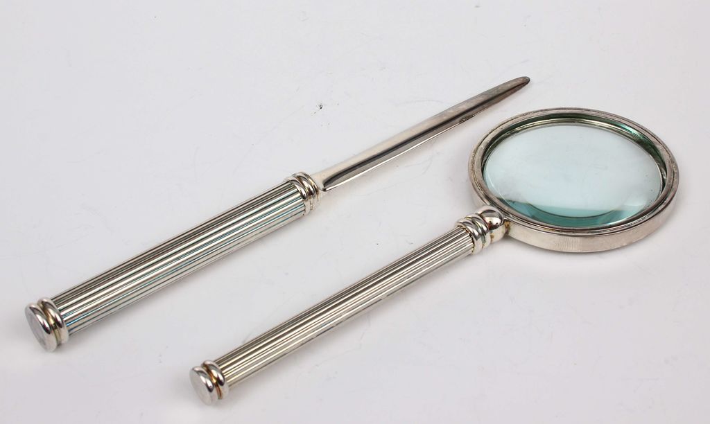 Набор из посеребренная металла - письменной нож, увеличительное стекло