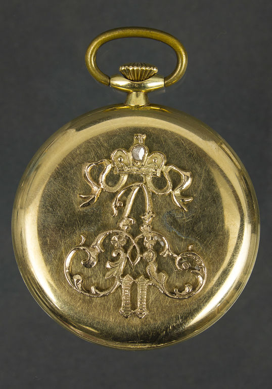  Unique Antique Henry Moser & Co 14K gold award pocket watch with monogram Alexander II