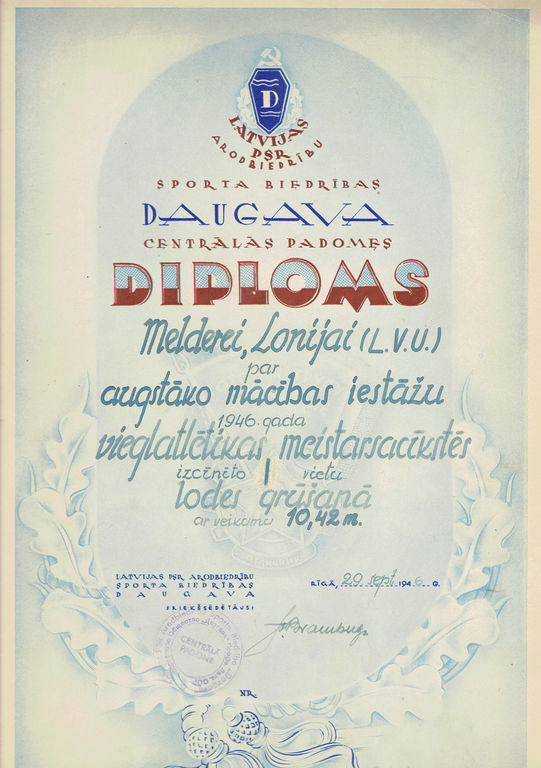 Diploms L.Melderei par I. vietu 1946. gadā lodes grūšanā