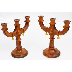 Wooden candlesticks with amber (pair)