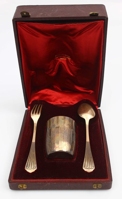 Silver set - a glass, a spoon, a fork in the box