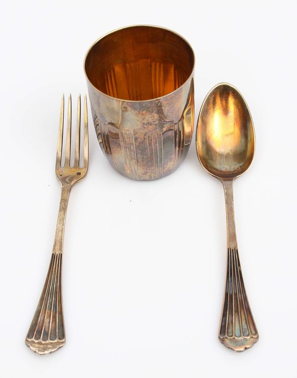 Silver set - a glass, a spoon, a fork in the box