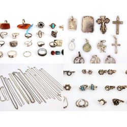 Разнообразные серебряные украшения - цепочки, подвески, кольца
