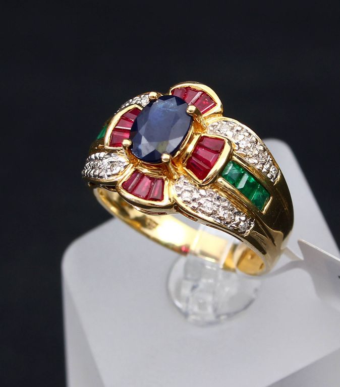 Gold ring with diamonds, rubies, emeralds and sapphires