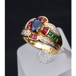 Zelta gredzens ar briljantiem, rubīniem, smaragdiem un safīriem