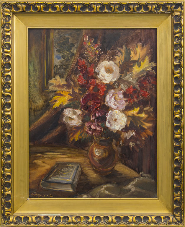 Still life with flowers and a book