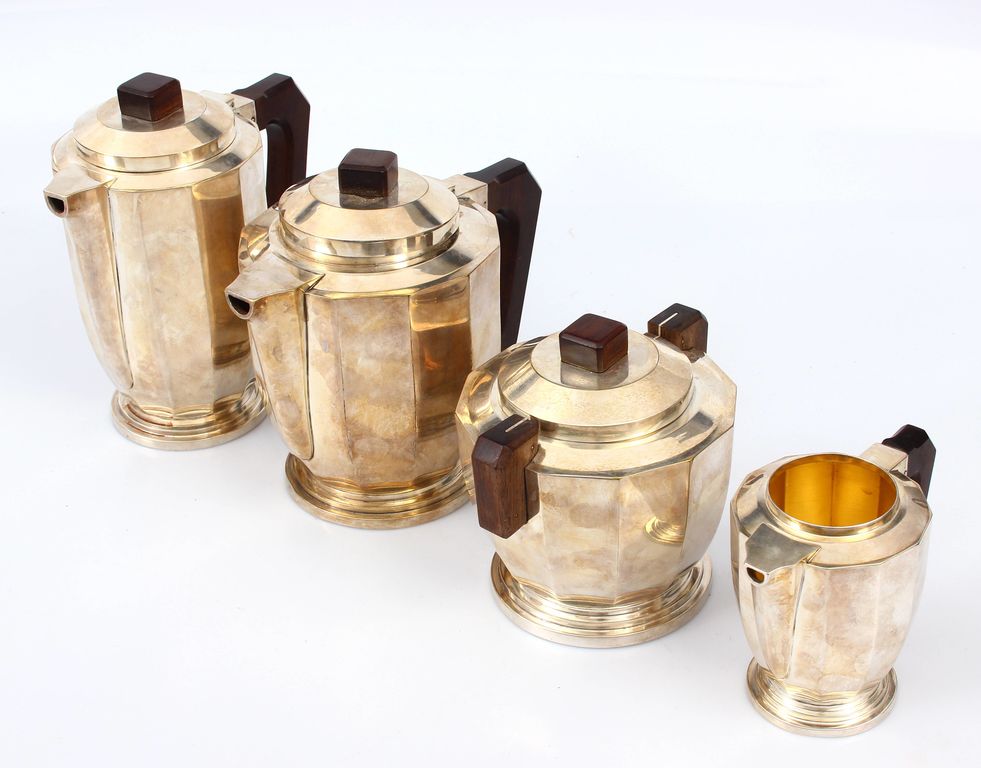 Чайный / кофейный набор с серебряным покрытием - кувшин для молока, сахарный окунь, кувшин для кофе, чайник, поднос