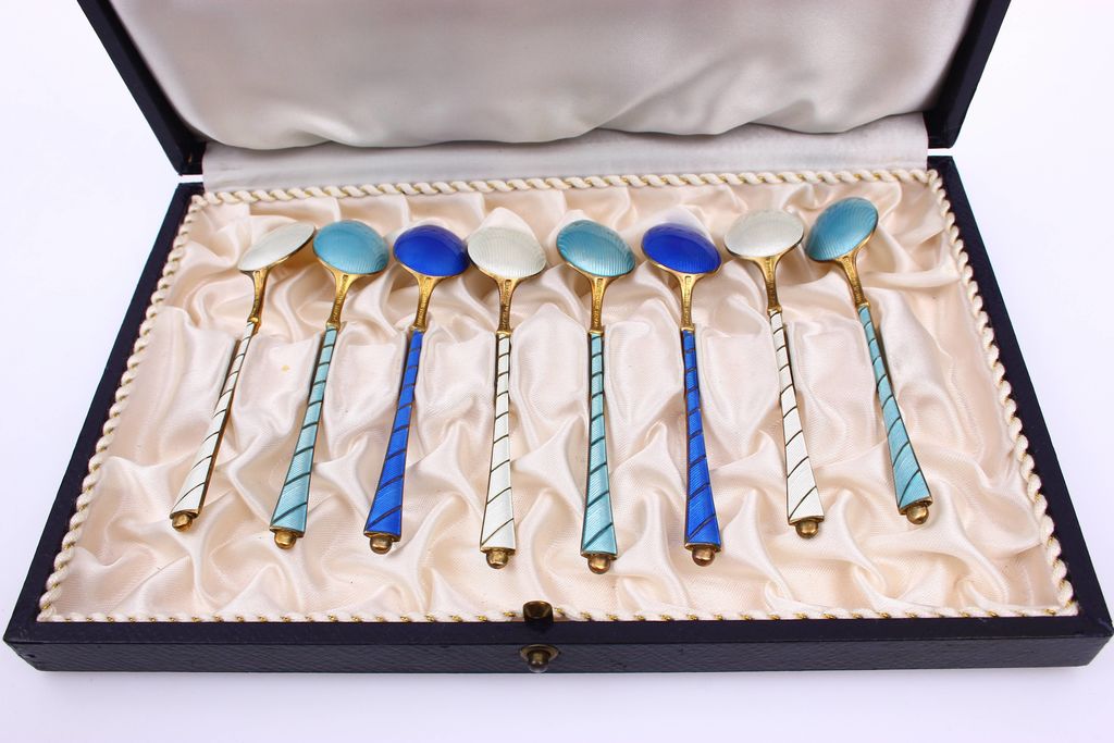 Silver spoons with enamel 8 pcs.with a box