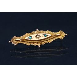 Gold brooch with turquoise and pearl